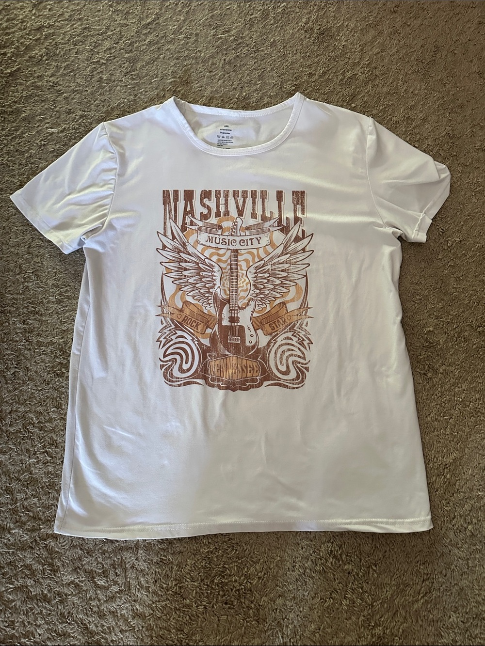 SHEIN White Short Sleeve Nashville Graphic Tee with Brown Print